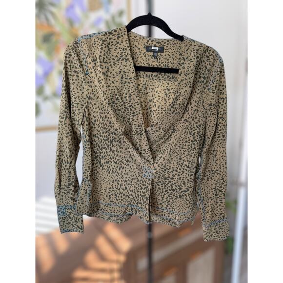 Rag & Bone Shields Leopard Print 100% Silk Blouse with Blue Stitching Size XXS - Picture 13 of 13